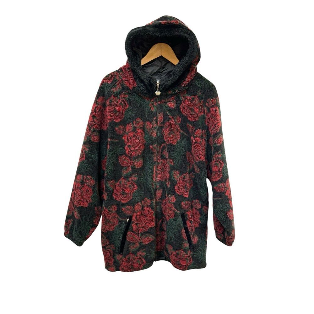 RARE Obermeyer Floral Women's Fleece Jacket Full Zip Hooded‎ Size M Black Red